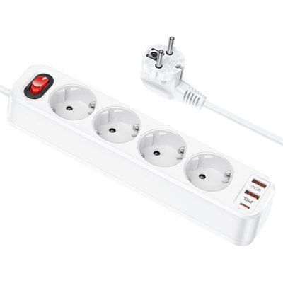 Мережевий зарядний пристрій HOCO NS1 Aura 4-bit extension cable socket(including 1C2A PD20W fast charge) White 6931474760555 фото