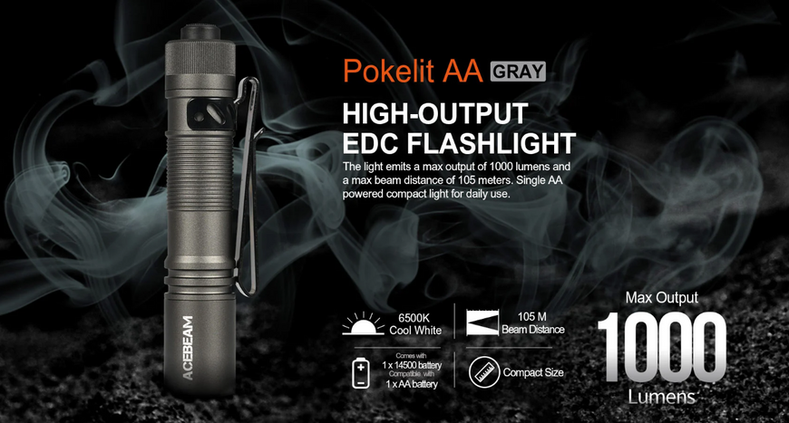 Ліхтар ACEBEAM Pokelit AA gray 14500 1000lm 6500к Pokelit AA фото