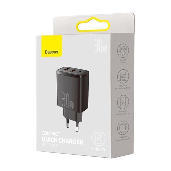 Зарядний пристрій Baseus Compact Quick Charger 2U+C 30W EU Black CCXJ-E01 фото
