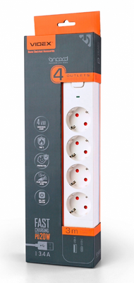 Мережевий подовжувач VIDEX ONCORD з/з 4п 3м (3x1.5мм) 3.4А USB(QC3.0) +USB-C(PD20W) з кнопкою White VF-PD43G1QC1PD-W фото